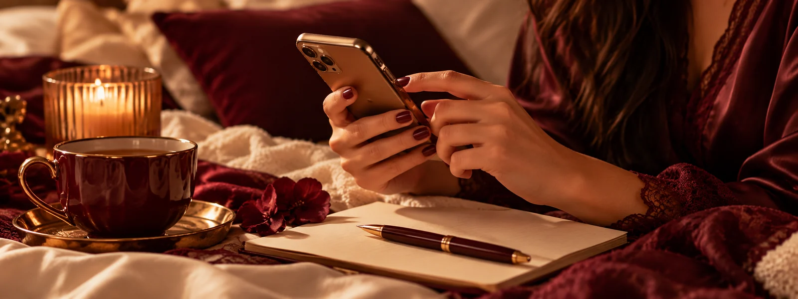 Ambiente de reflexión con celular, cuaderno y una taza de té